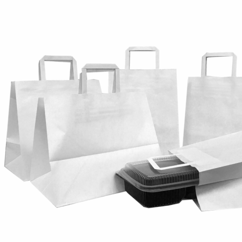 Punga hartie alba, delivery, cu maner plat, take away, 3 dimensiuni - 30x20x33cm - 250 buc. Punga hartie alba, delivery, cu maner plat, take away, 3 dimensiuni - 30x20x33cm - 250 buc.