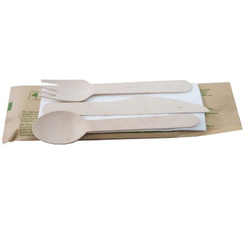 Tacâmuri TRIS lemn (cuțit+furculiță+lingură+șervețel, ambalate) 50 buc/set